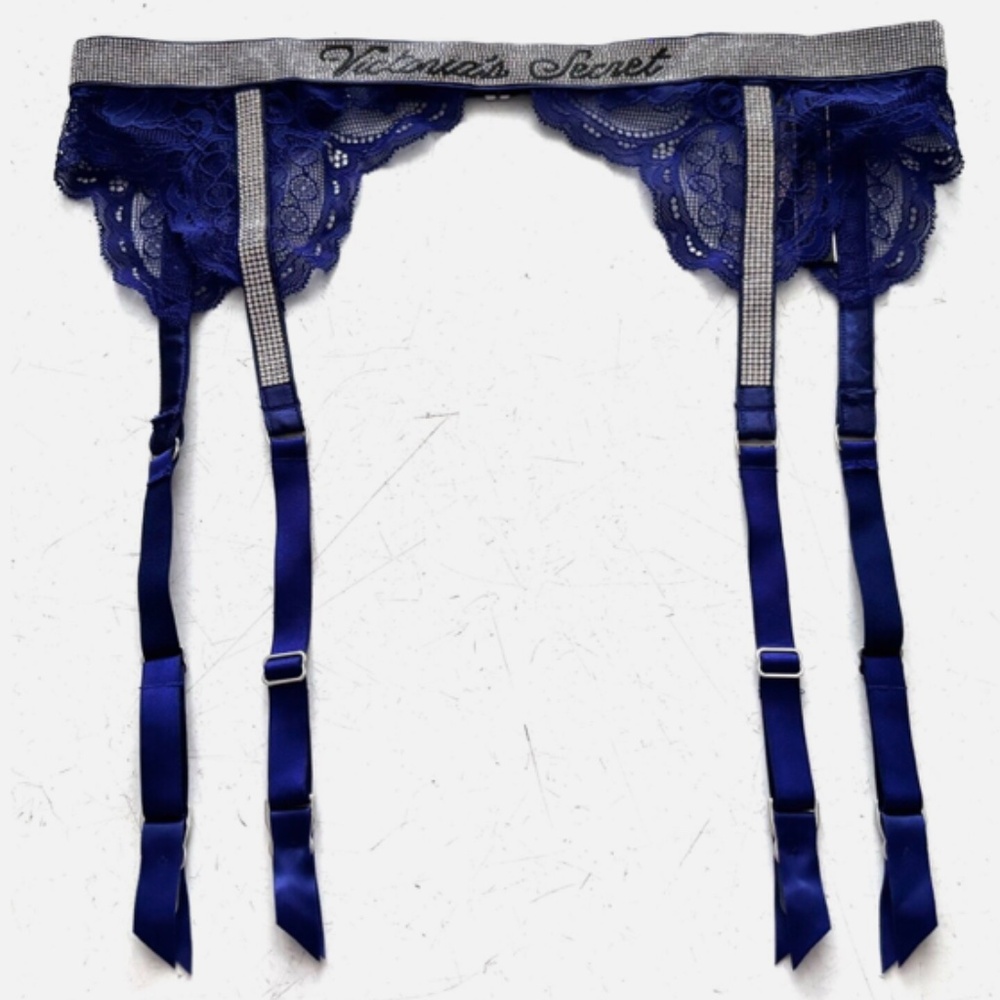 Victorias Secret Nwt Lace Bling Shine Strap Garter Belt Night Ocean M / L